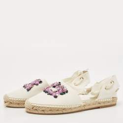 Pre Owned Roger Vivier White Canvas Embellished Lace Up Espadrille Flats Size 39