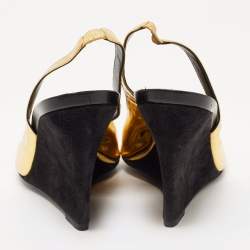 Pre Owned Roger Vivier Gold Leather Buckle Wedge Slingback Sandals Size 39.5