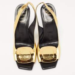 Pre Owned Roger Vivier Gold Leather Buckle Wedge Slingback Sandals Size 39.5