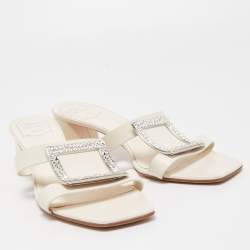 Roger Vivier Off White Leather Crystal Embellished Slide Sandals Size 42