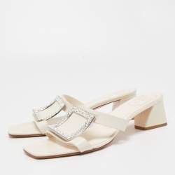 Roger Vivier Off White Leather Crystal Embellished Slide Sandals Size 42