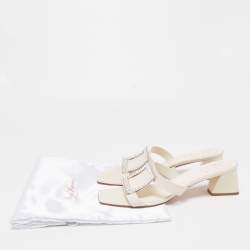 Roger Vivier Off White Leather Crystal Embellished Slide Sandals Size 42