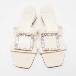 Roger Vivier Off White Leather Crystal Embellished Slide Sandals Size 42