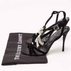 Pre Owned Roger Vivier Black Velvet Crystal Embellished Bow Sandals Size 37