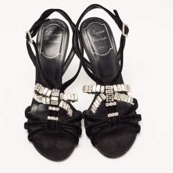 Pre Owned Roger Vivier Black Velvet Crystal Embellished Bow Sandals Size 37