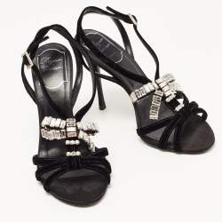 Pre Owned Roger Vivier Black Velvet Crystal Embellished Bow Sandals Size 37