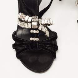 Pre Owned Roger Vivier Black Velvet Crystal Embellished Bow Sandals Size 37