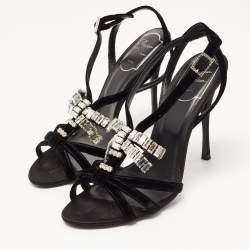Pre Owned Roger Vivier Black Velvet Crystal Embellished Bow Sandals Size 37