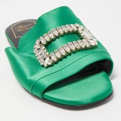 Pre Owned Roger Vivier Green Satin Crystal Embellished Flat Sandals Size 38.5