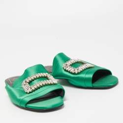 Pre Owned Roger Vivier Green Satin Crystal Embellished Flat Sandals Size 38.5