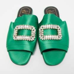 Pre Owned Roger Vivier Green Satin Crystal Embellished Flat Sandals Size 38.5