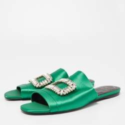 Pre Owned Roger Vivier Green Satin Crystal Embellished Flat Sandals Size 38.5