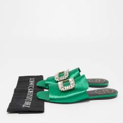 Pre Owned Roger Vivier Green Satin Crystal Embellished Flat Sandals Size 38.5