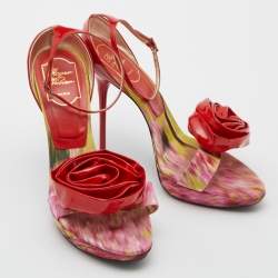 Pre Owned Roger Vivier Red/Pink Satin and Patent Leather Flower Detail Ankle Strap Sandals Size 39