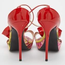 Pre Owned Roger Vivier Red/Pink Satin and Patent Leather Flower Detail Ankle Strap Sandals Size 39