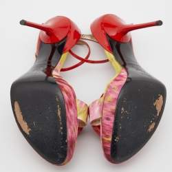 Pre Owned Roger Vivier Red/Pink Satin and Patent Leather Flower Detail Ankle Strap Sandals Size 39