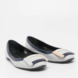 Roger Vivier Grey Leather Buckle Detail Square Cap Toe Ballet Flats Size 37