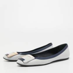 Roger Vivier Grey Leather Buckle Detail Square Cap Toe Ballet Flats Size 37