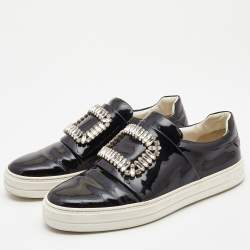 Pre Owned Roger Vivier Black Patent Leather Sneaky Viv Crystal Embellished Slip On Sneakers Size 39