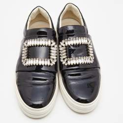 Pre Owned Roger Vivier Black Patent Leather Sneaky Viv Crystal Embellished Slip On Sneakers Size 39