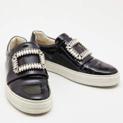 Pre Owned Roger Vivier Black Patent Leather Sneaky Viv Crystal Embellished Slip On Sneakers Size 39