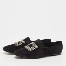 Pre Owned Roger Vivier Black Suede and Crystal Flower Strass Loafers Size 40