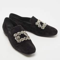 Pre Owned Roger Vivier Black Suede and Crystal Flower Strass Loafers Size 40