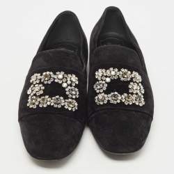 Pre Owned Roger Vivier Black Suede and Crystal Flower Strass Loafers Size 40