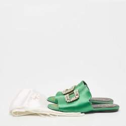 Roger Vivier Green Satin Tiffany Flat Slides Size 37.5
