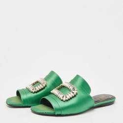 Roger Vivier Green Satin Tiffany Flat Slides Size 37.5