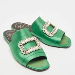 Roger Vivier Green Satin Tiffany Flat Slides Size 37.5