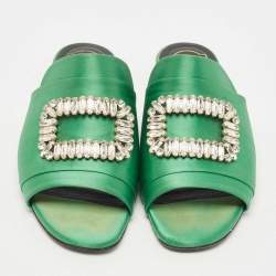 Roger Vivier Green Satin Tiffany Flat Slides Size 37.5