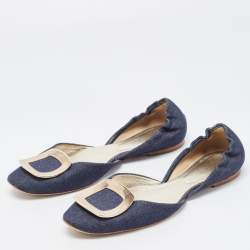 Roger Vivier Navy Blue Denim Chip Buckle D'orsay Flats Size 38