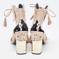 Roger Vivier Beige Suede Laser Cut Embellished Block Heel Ankle Booties Size 39