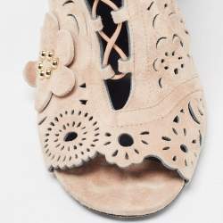 Roger Vivier Beige Suede Laser Cut Embellished Block Heel Ankle Booties Size 39