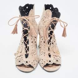 Roger Vivier Beige Suede Laser Cut Embellished Block Heel Ankle Booties Size 39