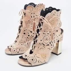 Roger Vivier Beige Suede Laser Cut Embellished Block Heel Ankle Booties Size 39