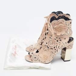 Roger Vivier Beige Suede Laser Cut Embellished Block Heel Ankle Booties Size 39