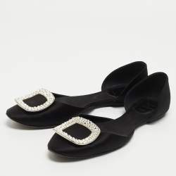 Roger Vivier Black Satin Chips Prism Studded Flats Size 38