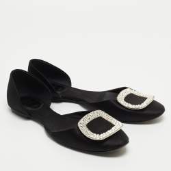 Roger Vivier Black Satin Chips Prism Studded Flats Size 38