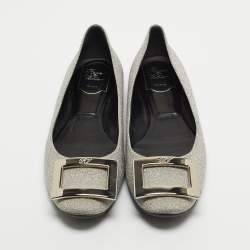Pre Owned Roger Vivier Silver Glitter Ballet Flats Size 39.5