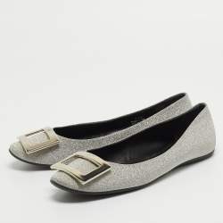 Pre Owned Roger Vivier Silver Glitter Ballet Flats Size 39.5