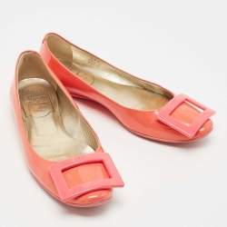 Pre Owned Roger Vivier Coral Pink Patent Leather Belle Vivier Ballet Flats Size 34.5