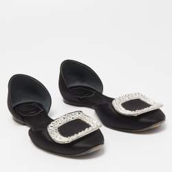 Pre Owned Roger Vivier Black Satin Chip Strass D'orsay Flats Size 34