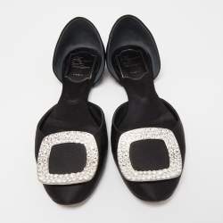 Pre Owned Roger Vivier Black Satin Chip Strass D'orsay Flats Size 34