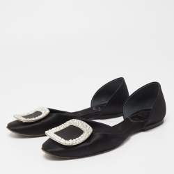 Pre Owned Roger Vivier Black Satin Chip Strass D'orsay Flats Size 34