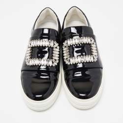 Roger Vivier Black Patent Leather Sneaky Viv Crystal Embellished Slip On Sneakers Size 38