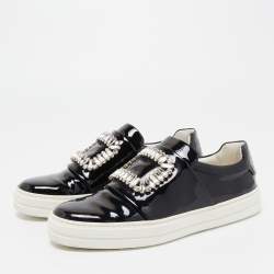 Roger Vivier Black Patent Leather Sneaky Viv Crystal Embellished Slip On Sneakers Size 38