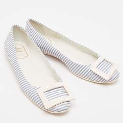 Roger Vivier White/Blue Striped Leather Gommette Ballet Flats Size 37