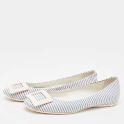 Roger Vivier White/Blue Striped Leather Gommette Ballet Flats Size 37